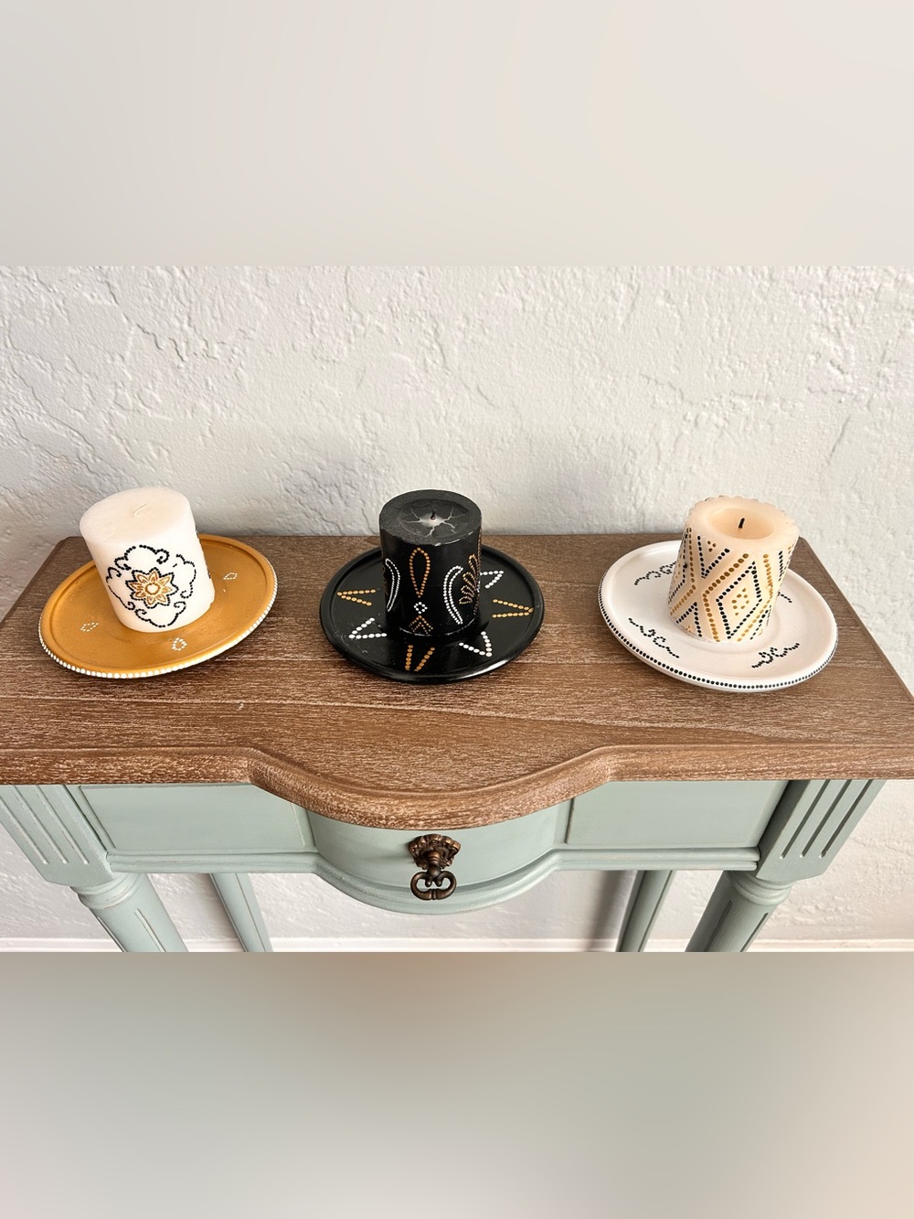 3 Hand-Painted Decorative Candles with Gold & White Designs